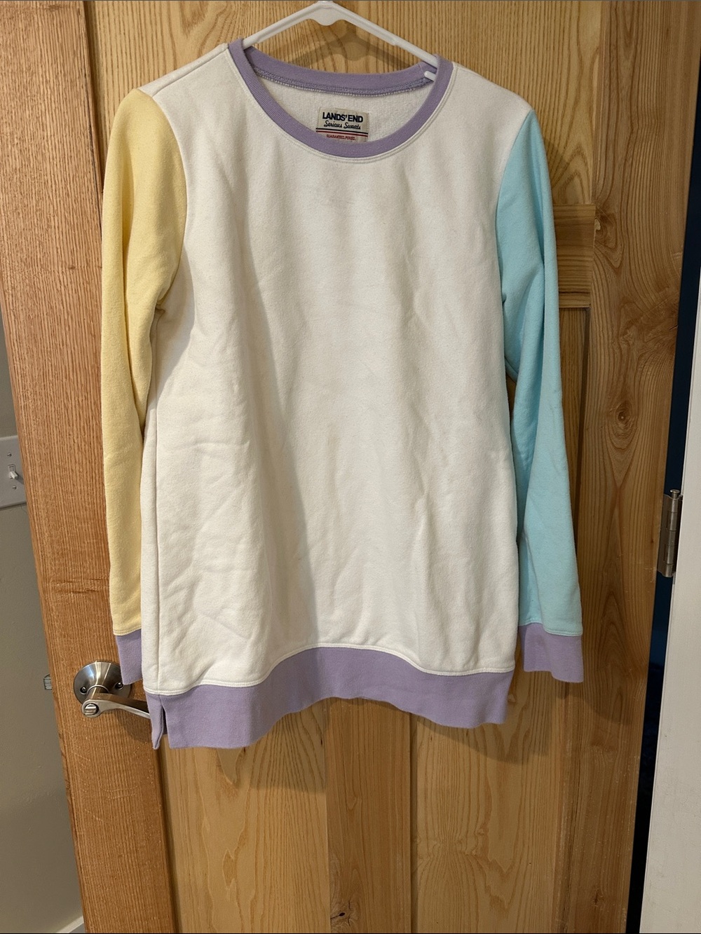 Lands' End Cream Sweatshirt with Pastel Yellow and Pastel Blue Sleeves